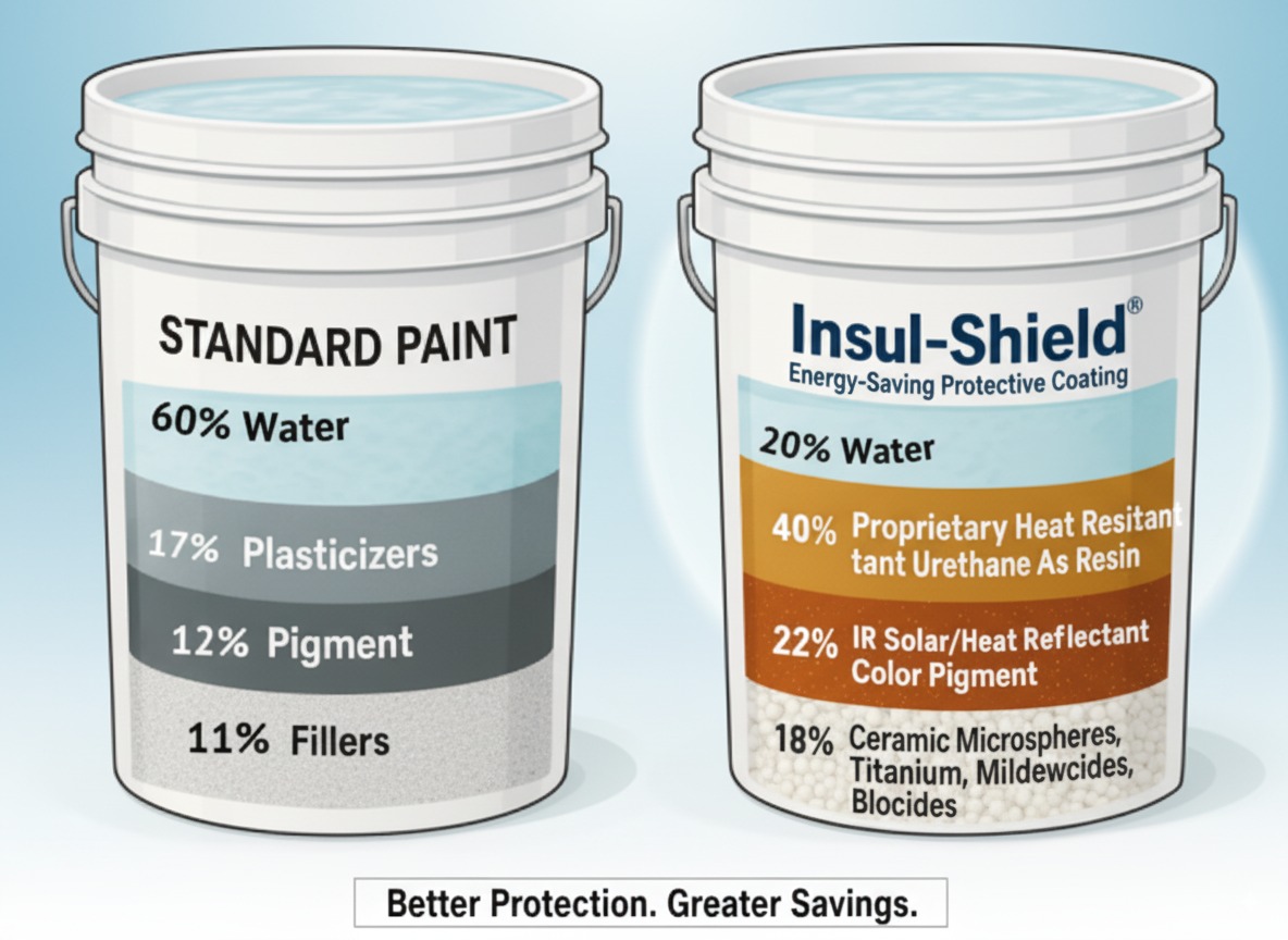 InsulShield composition comparison showing superior ingredients versus standard paint - InsulShield contains 40% proprietary heat resistant urethane resin, 22% IR solar/heat reflectant pigment, 18% ceramic microspheres with only 20% water, compared to standard paint with 60% water, 17% plasticizers, 12% pigment, and 11% fillers