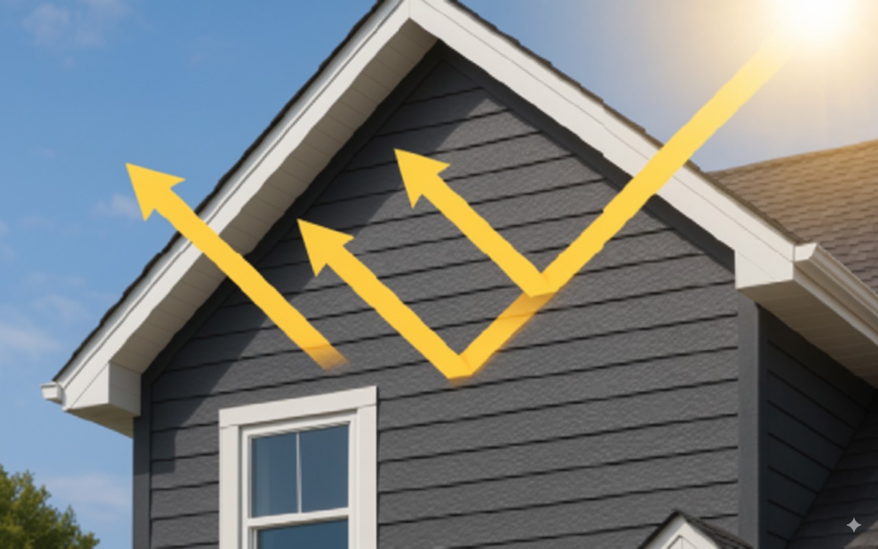 House with heat reflection arrows showing IR pigments reflecting UV rays and heat away from the home exterior